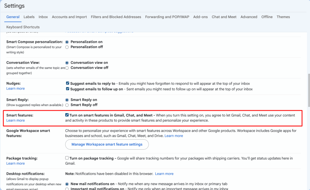 Désactiver les fonctionnalités intelligentes dans Gmail