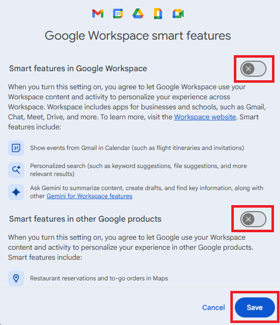 Désactiver les fonctionnalités intelligentes de Google Workspace