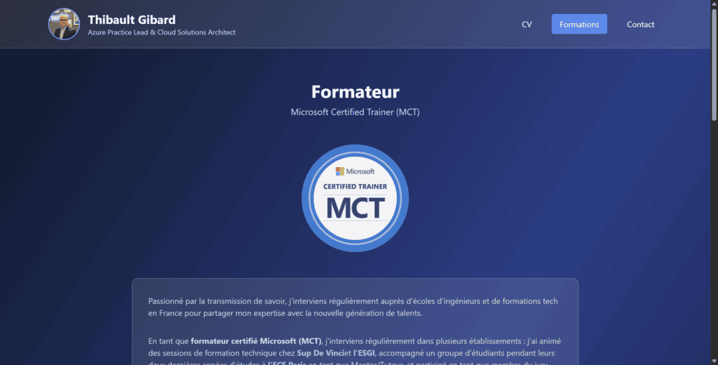 Aperçu de mon site de formateur Microsoft