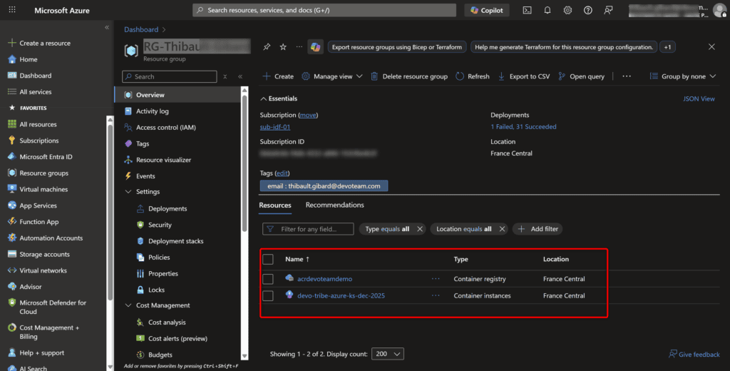 Création d'un nouvel ACI - Azure Container Instance - pour héberger notre site de test