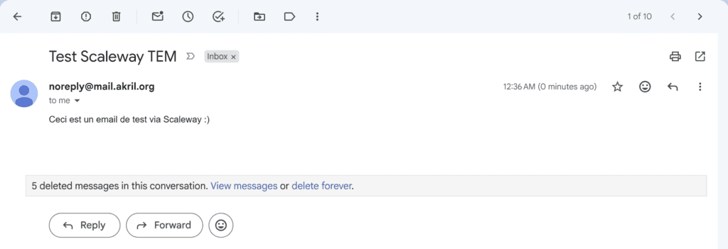 Réception du mail de test