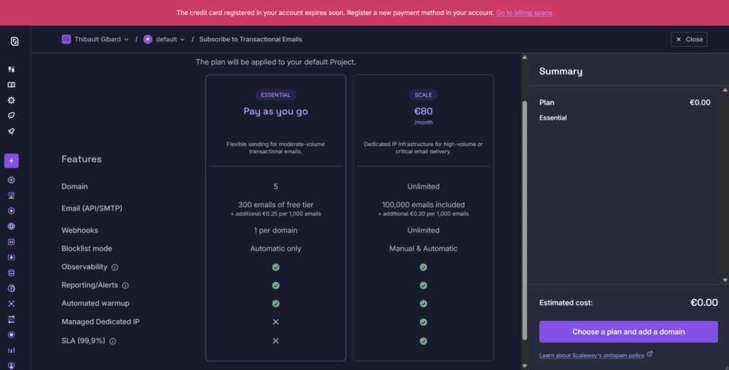 Choix du plan "pay as you go"