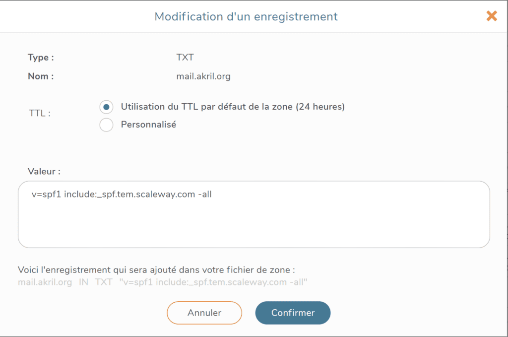 Exemple avec la création de l'entrée SPF