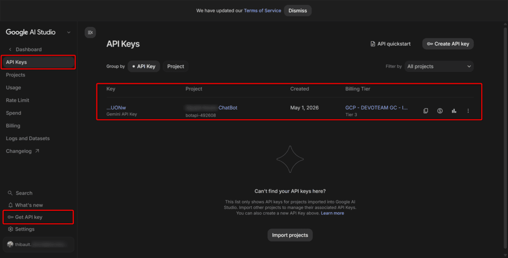 Génération d'une clé API Gemini dans Google AI Studio