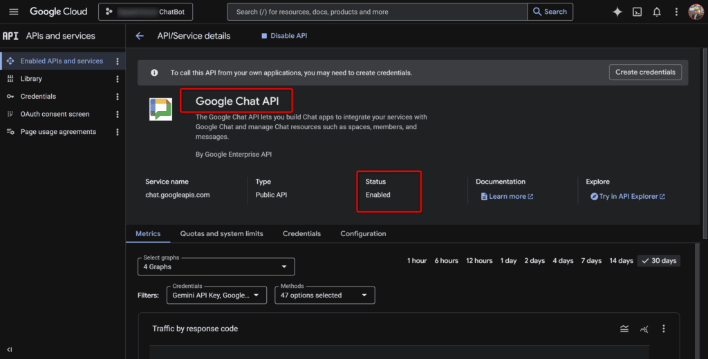 Vérifiez que vous avez bien accès à la Google Chat API, si besoin activez là