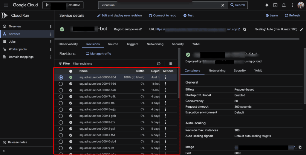 Historique des révisions dans la console GCP