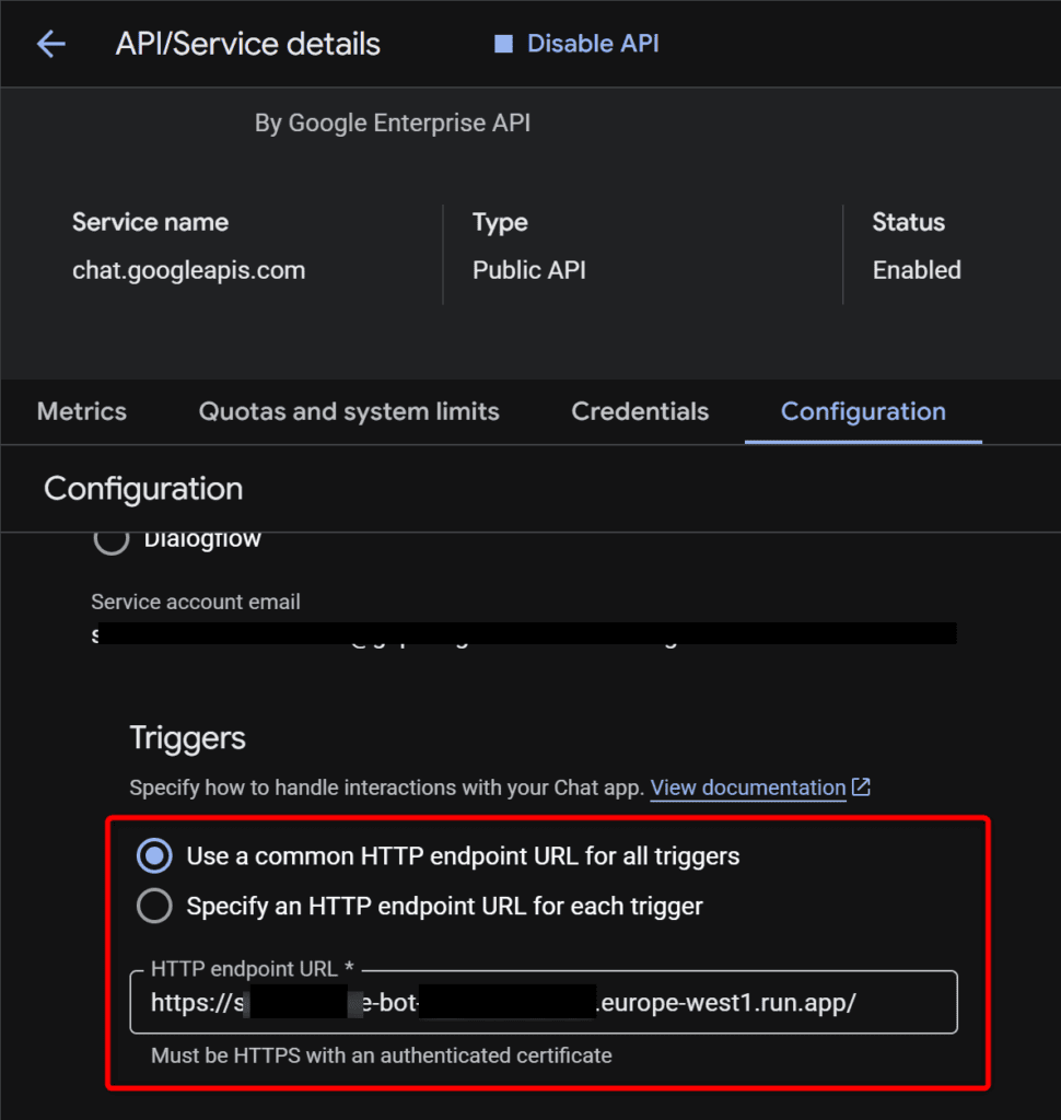 Récupérez l'URL du bot dans le Cloud Run et ajoutez la au niveau de la configuration de Google Chat API
