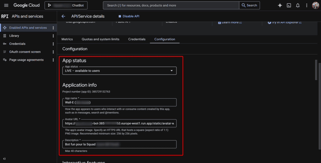 Configuration du bot Google chat (1/2)