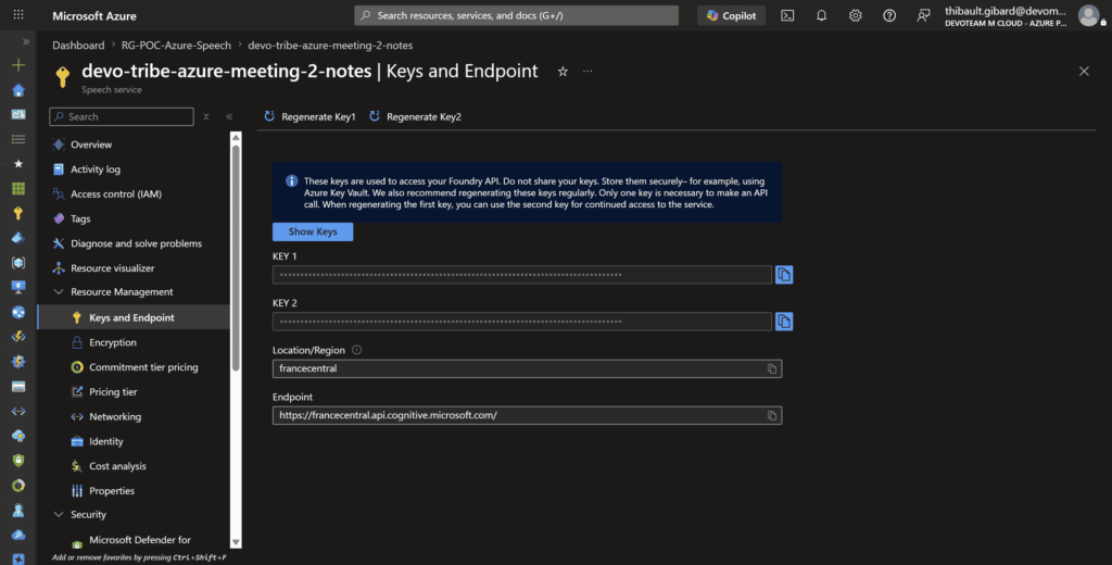 Récupération d'un clé Speech Service via le portail Azure