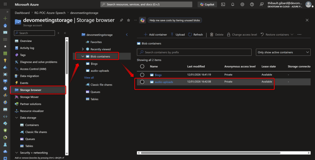 Création d'un container "audio-uploads" dans le Storage Account