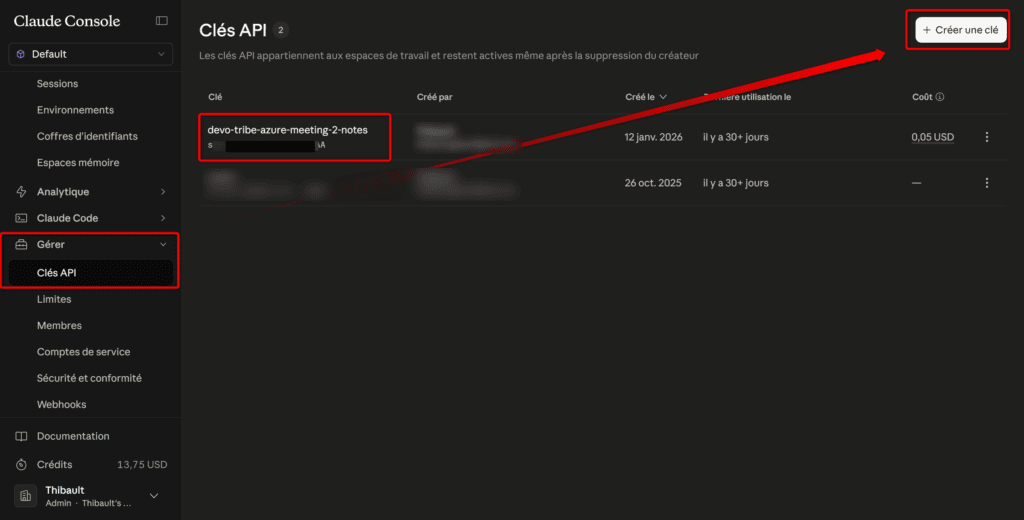 Génération d'un clé API Claude