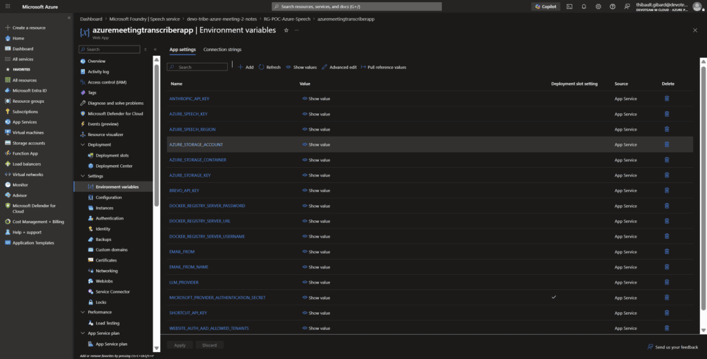 Configuration des variables d'environnement de la Web App