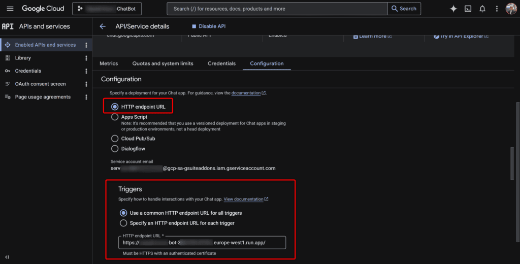 Configuration du bot Google chat (2/2)