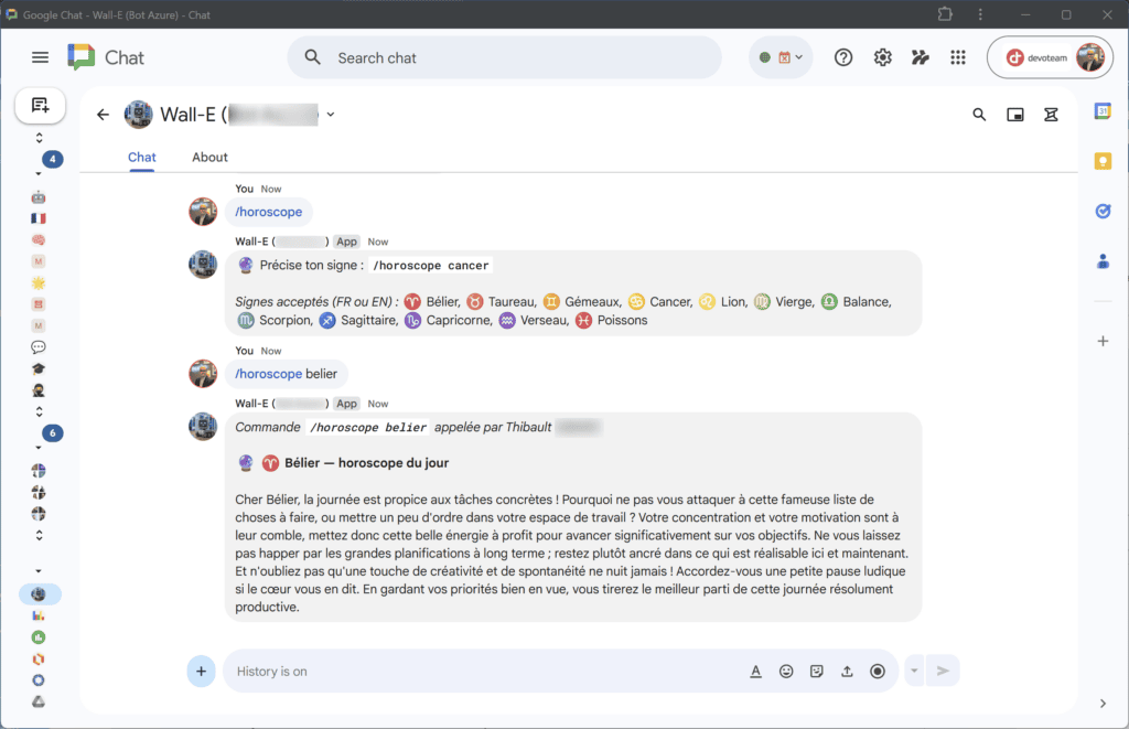 Exemple d'utilisation de la commande /horoscope avec traduction à la volée