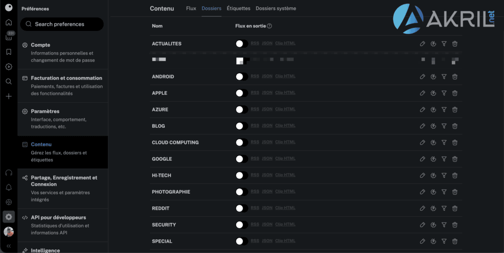 Liste des dossiers qui contiennent l'ensemble de mes flux RSS