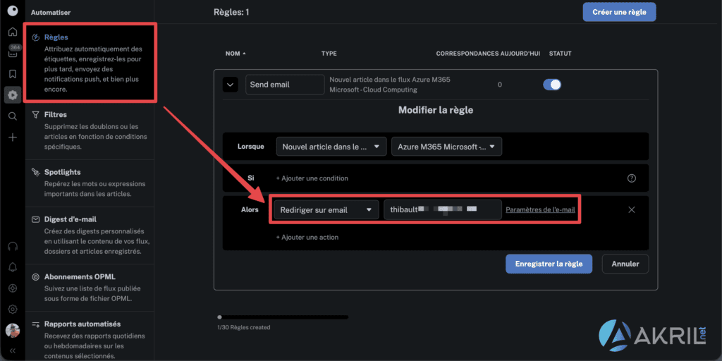 Création de Règles dans InoReader pour recevoir des emails