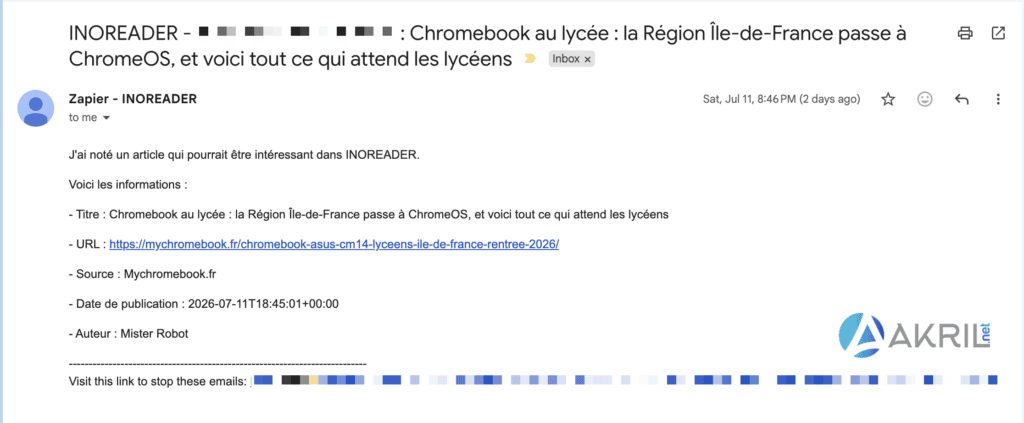 Aperçu du mail généré par Zapier et que je reçois automatiquement pour un article sur lequel je clique "Read Later"