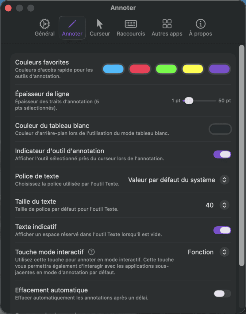 Options disponibles pour annoter sur votre écran avec Presentify