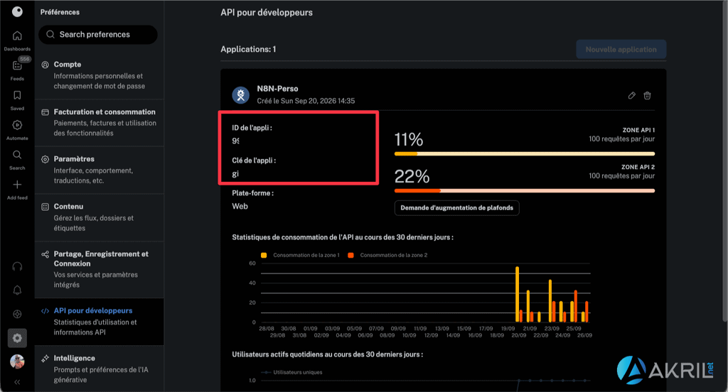 Créer une clé d'API dans Inoreader pour permettre à n8n de consommer ses flux RSS