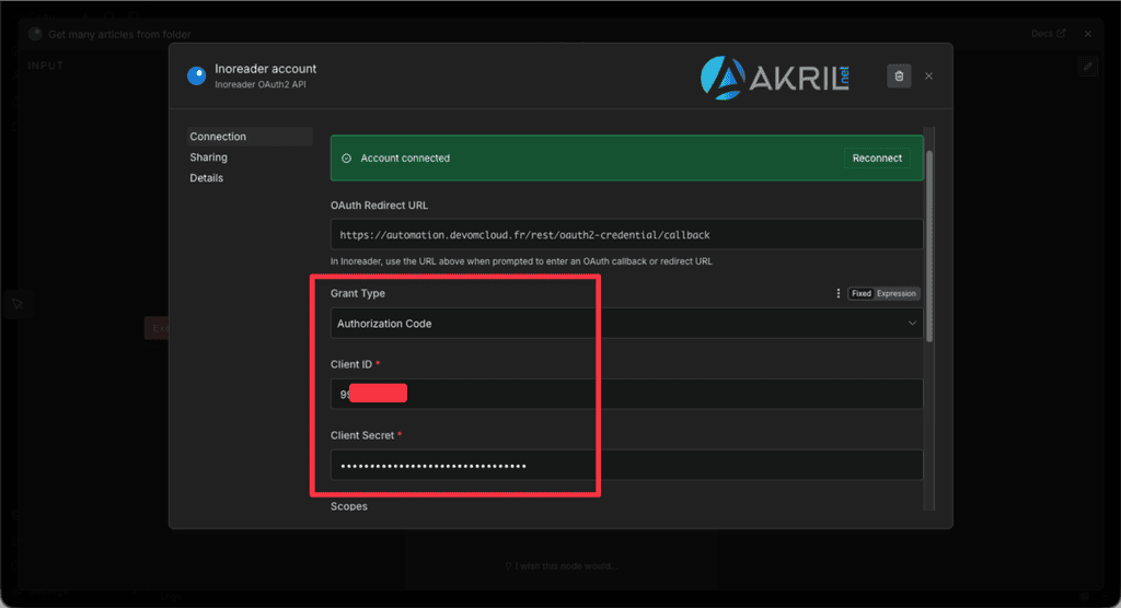 Association de la clé d'API Inoreader dans n8n